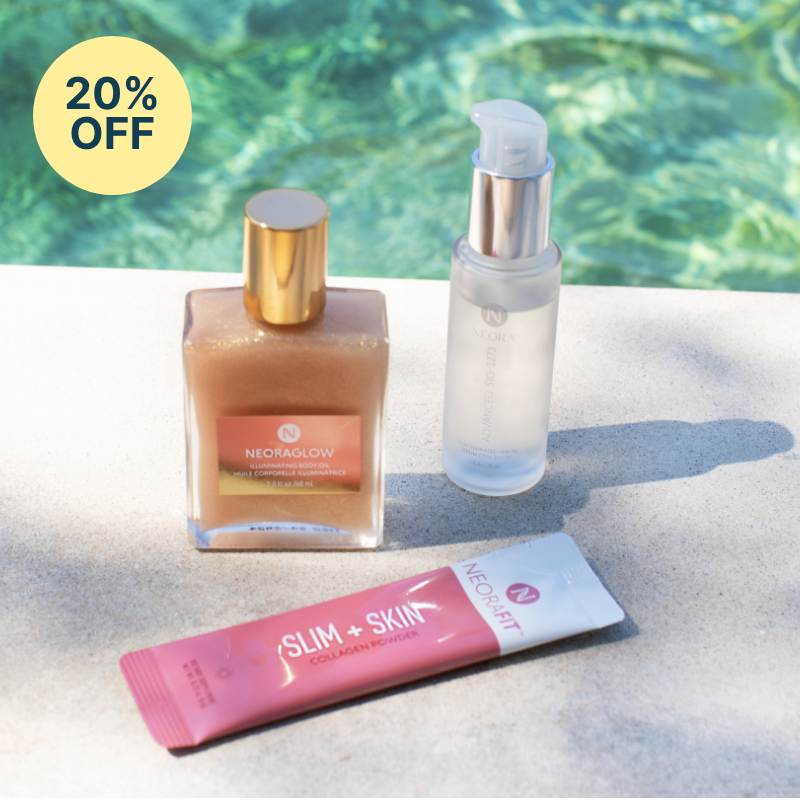 Neora’s Total Glow + Perfecting Set sitting next to a pool. Set includes NeoraGlow Illuminating Body Oil, Advanced SIG-1273 Concentrated Serum and NeoraFit Slim + Skin Collagen Powder with a 20% OFF savings.